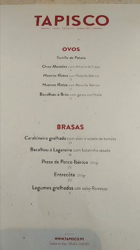 Tapisco Lisboa Restaurant Menu