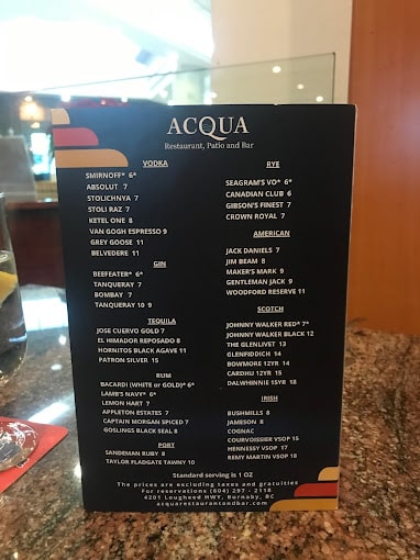Acqua Restaurant, Patio and Bar Menu