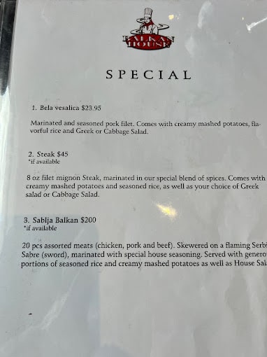 Balkan House Restaurant Menu