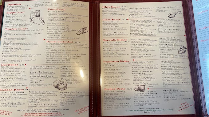 Anton's Pasta Bar Restaurant Menu