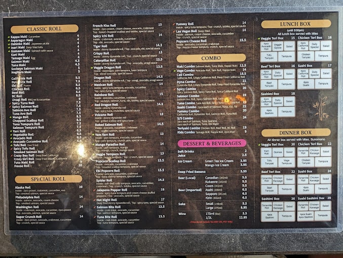 Yummy Sushi Gallery Restaurant Menu