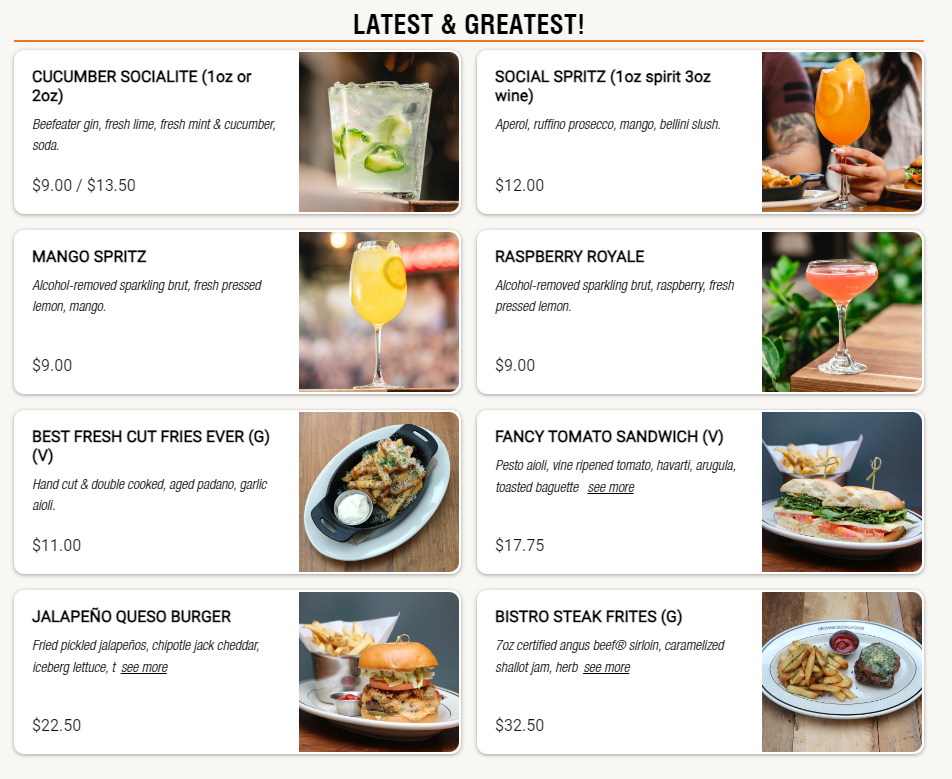 Browns Socialhouse Brentwood Restaurant Menu