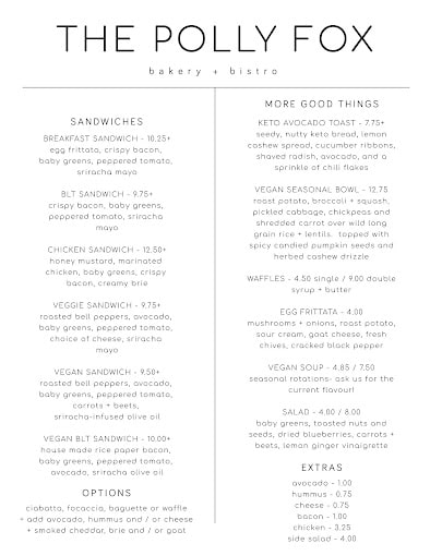 The Polly Fox Restaurant Menu