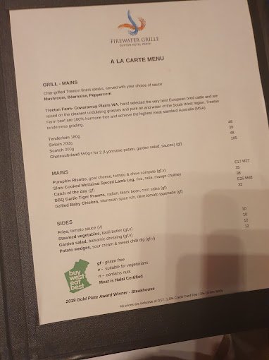 Firewater Grille Restaurant Menu - Perth