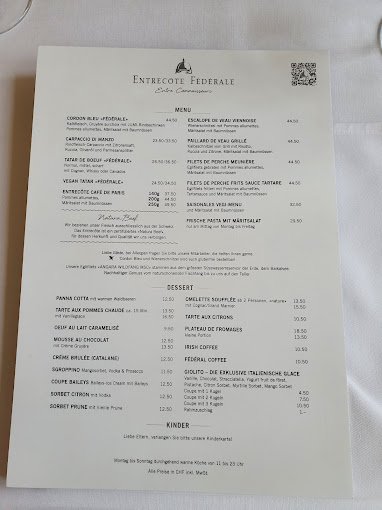 Entrecôte Fédérale Restuarant Menu