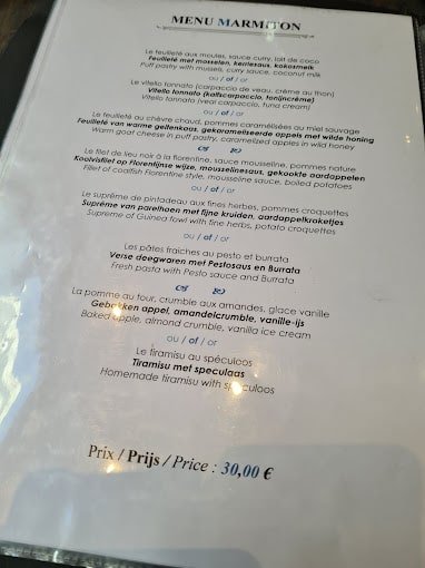 Le Marmiton Restaurant Menu - Brussels