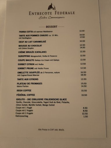 Entrecôte Fédérale Restuarant Menu