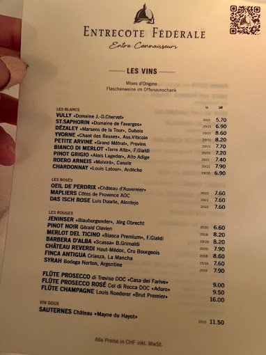 Entrecôte Fédérale Restuarant Menu