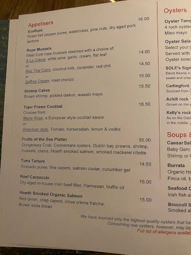SOLE Seafood & Grill Menu - Dublin