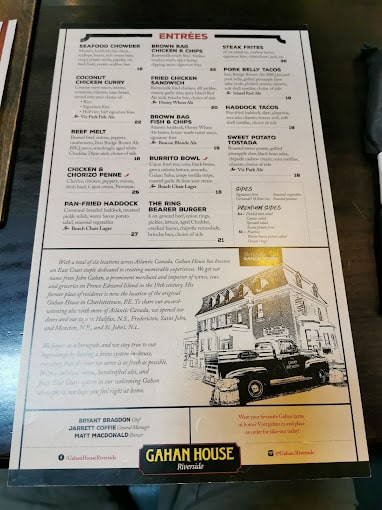 Gahan House Riverside Menu