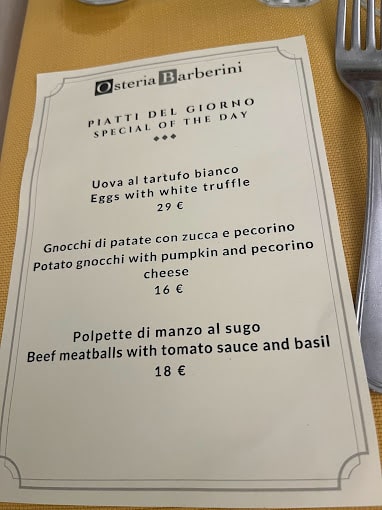 Osteria Barberini Restaurant Menu