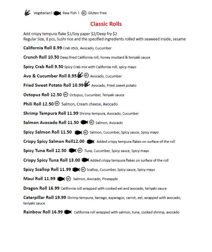 Sense Of Tokyo Restaurant Menu