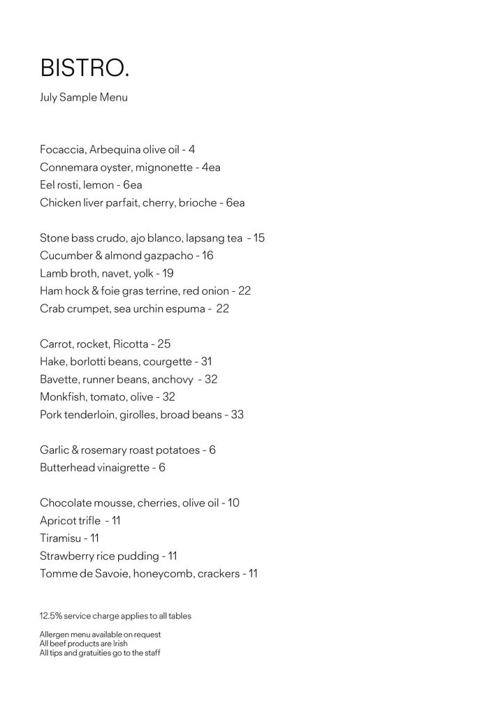 Note Dublin Restaurant Menu