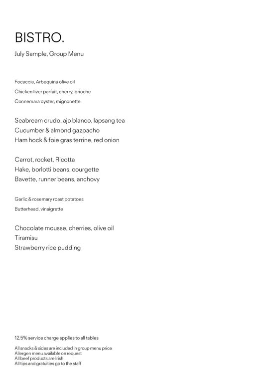 Note Dublin Restaurant Menu