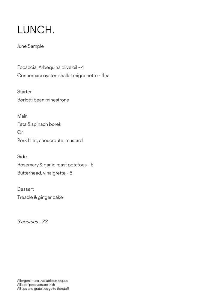 Note Dublin Restaurant Menu