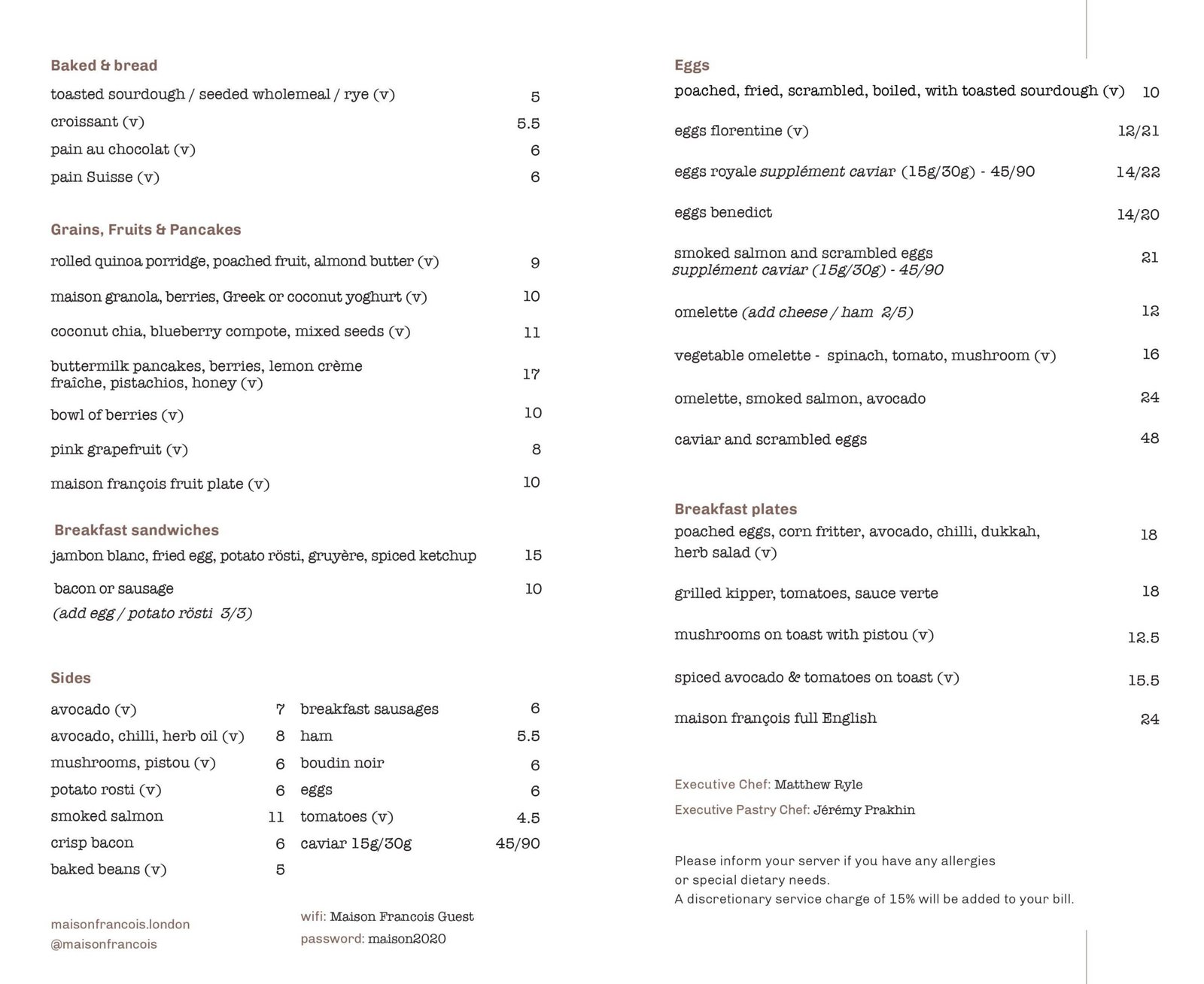 Maison François Restaurant Menu