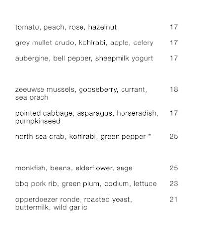 BAK restaurant Menu Amssterdam