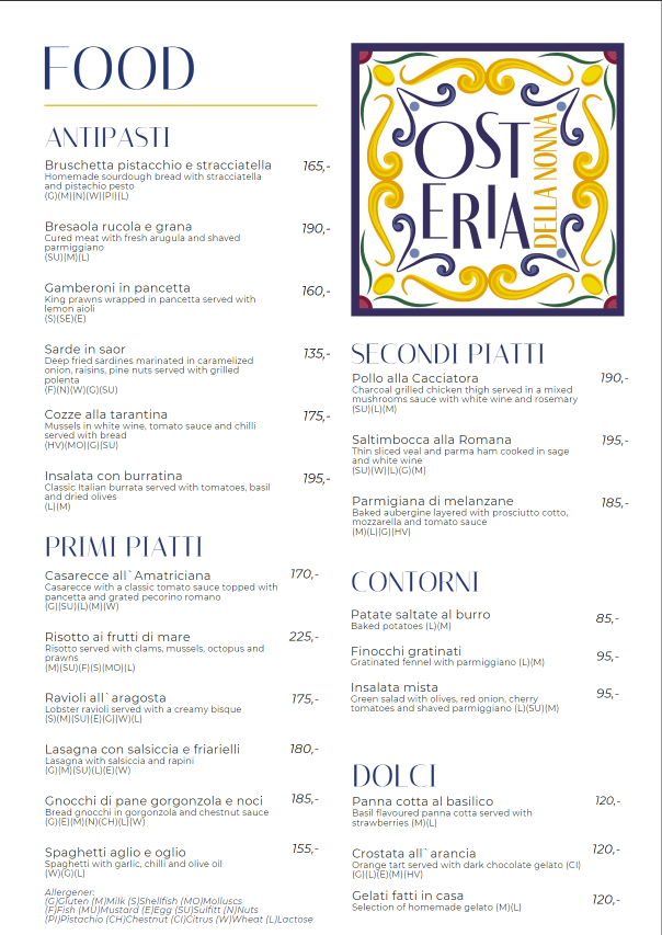 Osteria della Nonna Restaurant Menu - Oslo