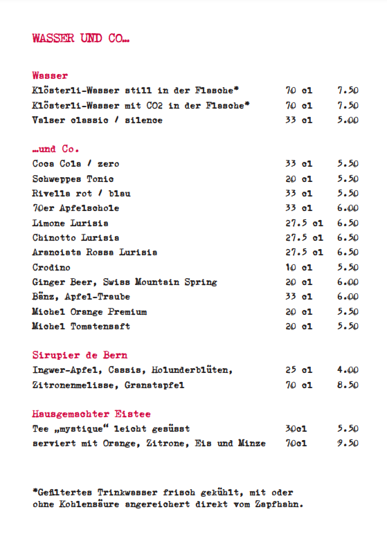 Klösterli Weincafe Restaurant Menu - Bern