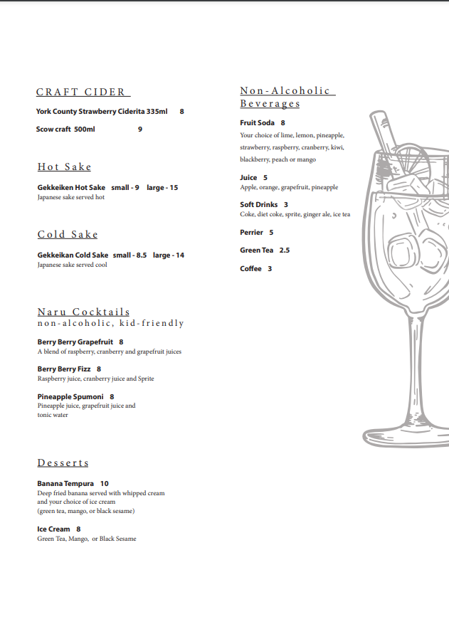 Naru Sushi Japanese Restaurant Menu