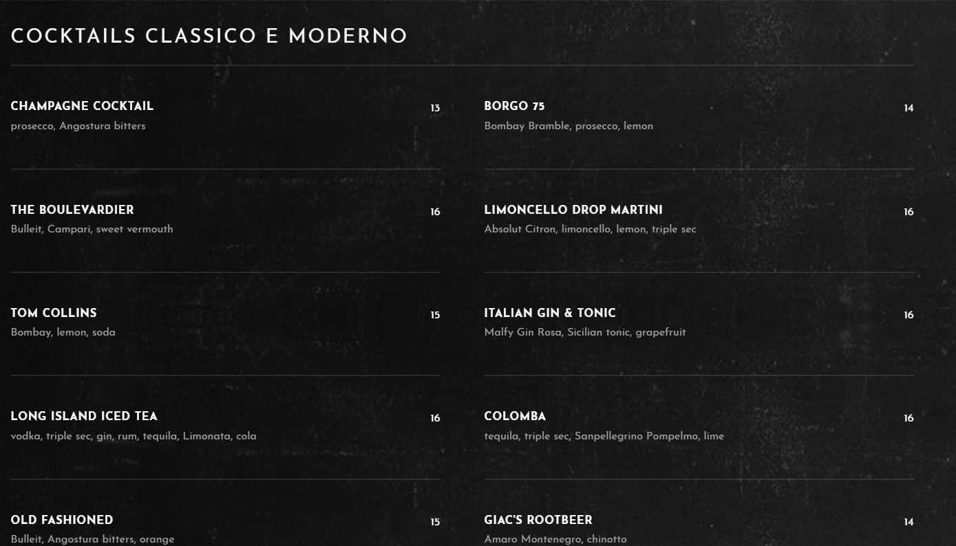 Borgo Antico Restaurant Menu - Winnipeg