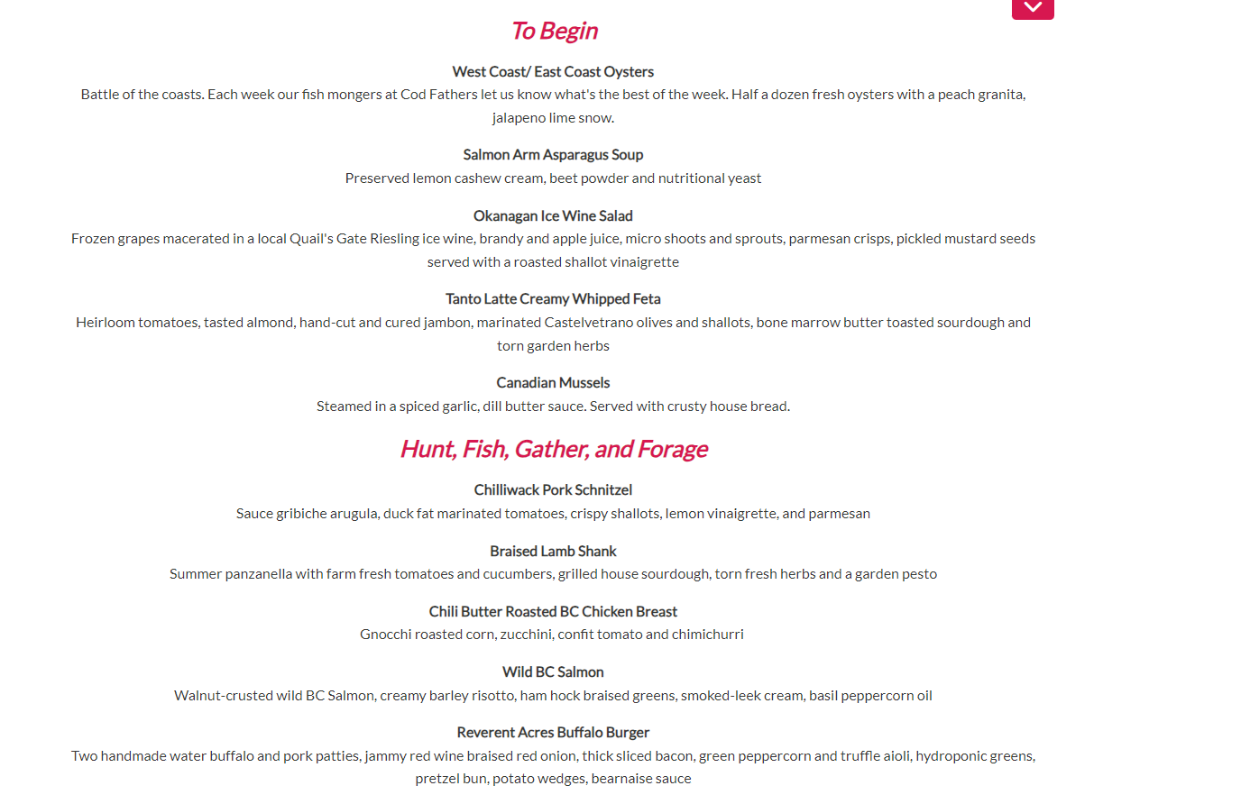 Infusions Restaurant Menu - Kelowna