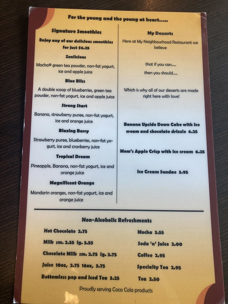 My Neighbourhood Restaurant Menu
