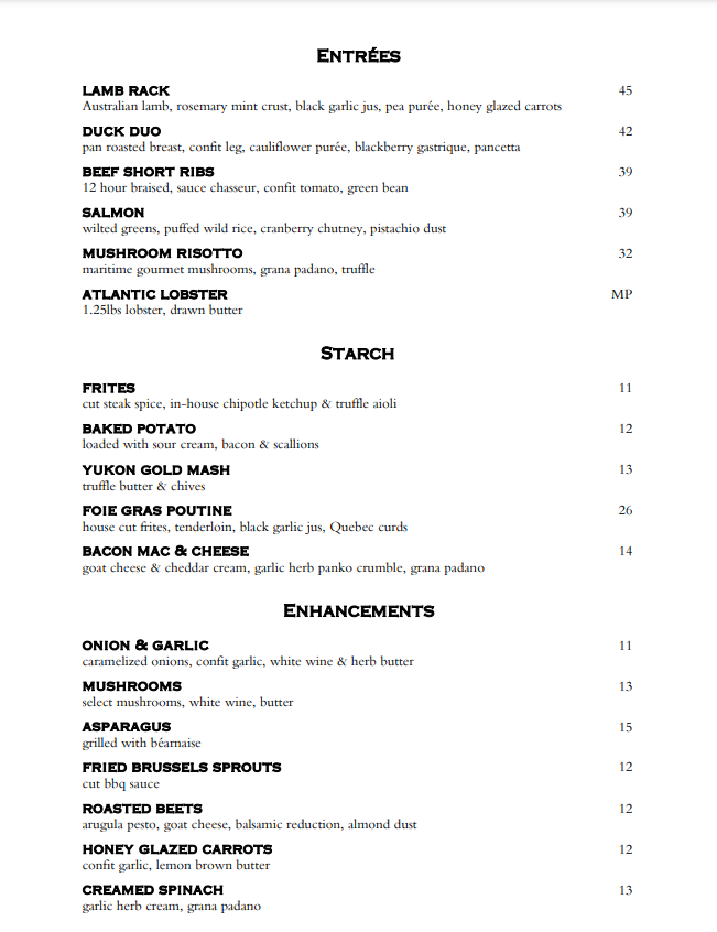 CUT Steakhouse Restaurant Menu - Halifax